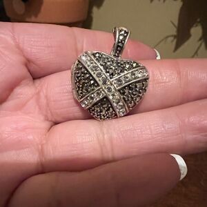 Sterling Silver Heart Marcasite Picture Locket Pendant Criss Cross Design 925.